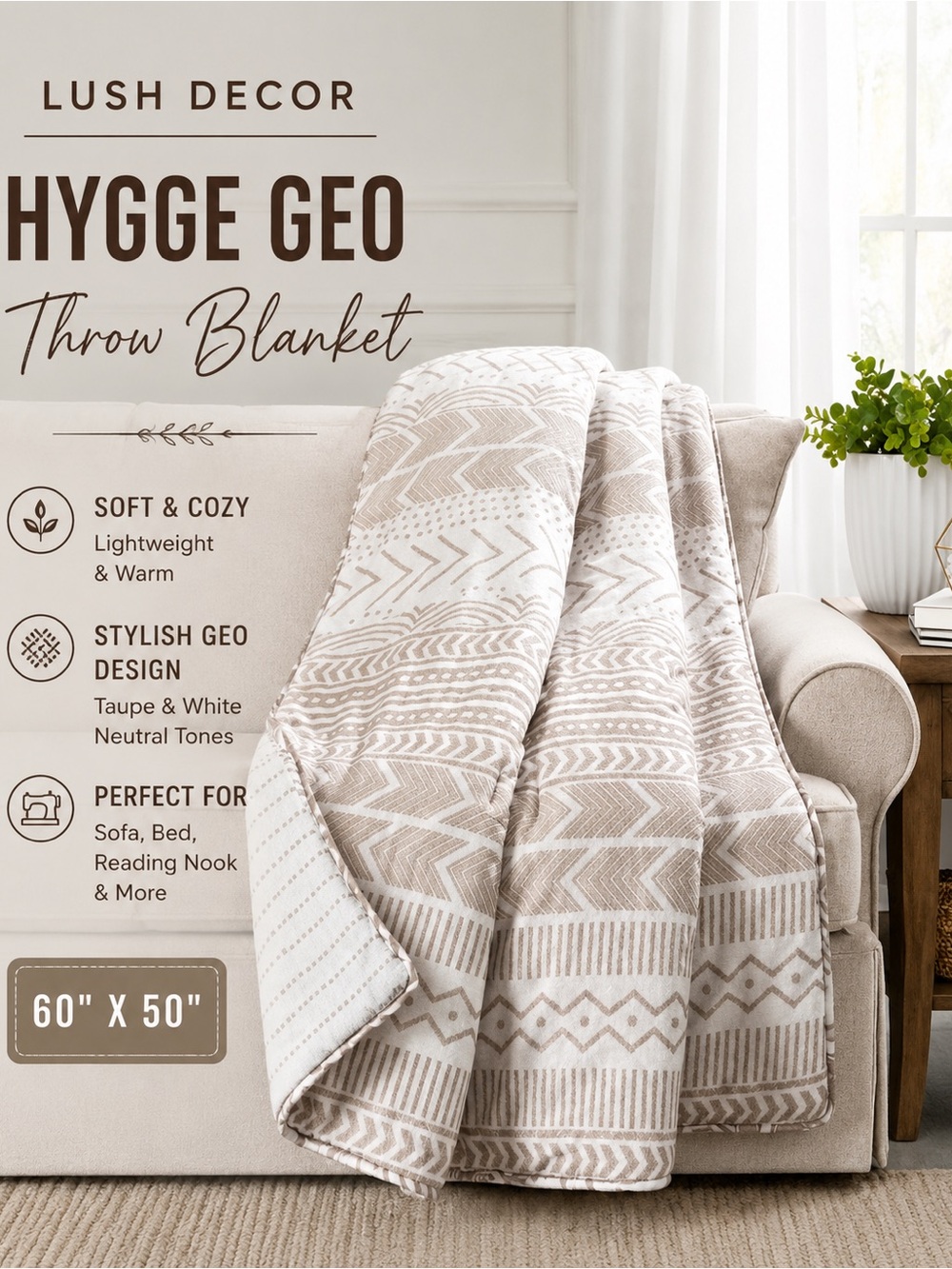 Lush Decor Hygge Geo Throw Blanket, 60" x 50", Taupe & White